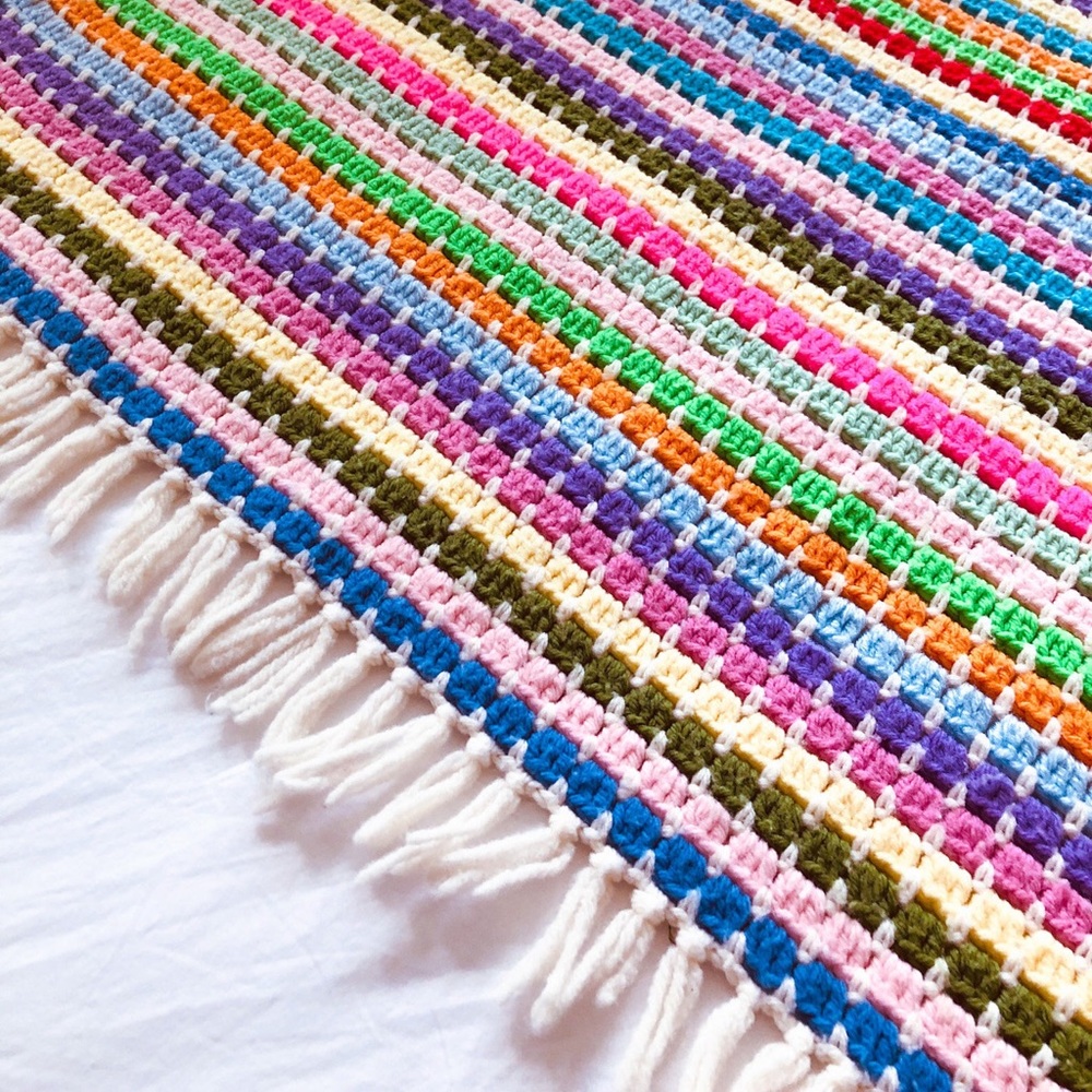 Pastel Stripe Vintage Afghan with Fringe